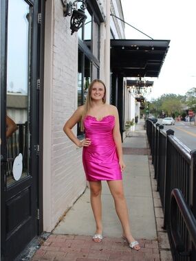 Strapless Fuchsia Satin Mini Sherri Hill Dress with Lace Trim